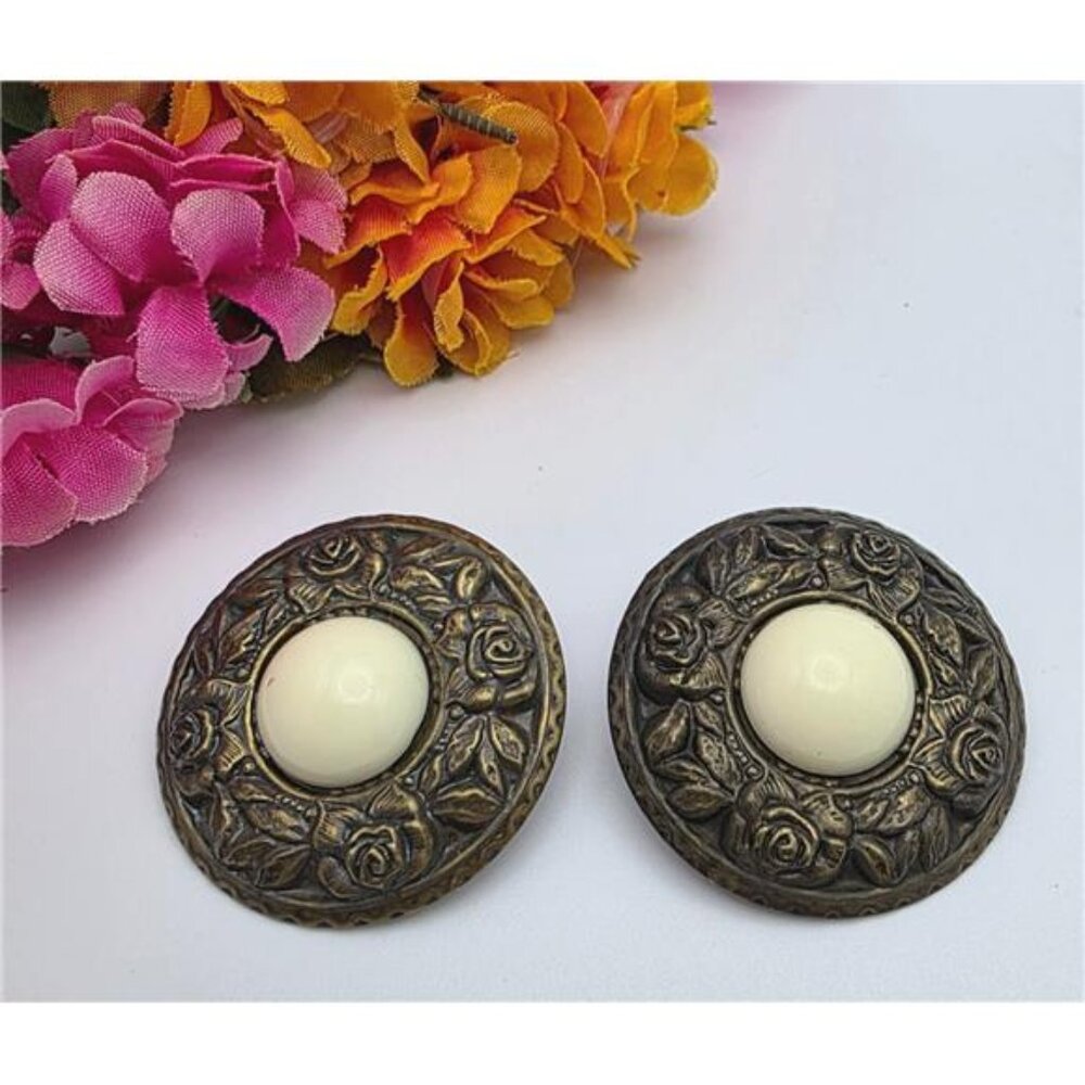 Vintage Bronze Tone Floral Disc Earrings Cream Cabochon 44mm Boho 1970s